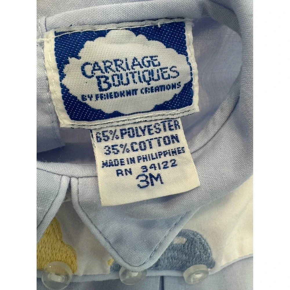 Carriage Boutiques Romper Bubble Light Blue White Collar Embroidered Cars 3 Mos